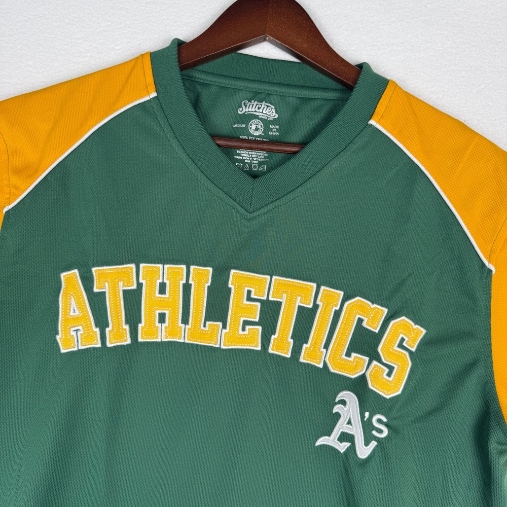 Stitches Oakland Athletics MLB Jersey Mens M Green Embroidered V-Neck Mesh Shirt